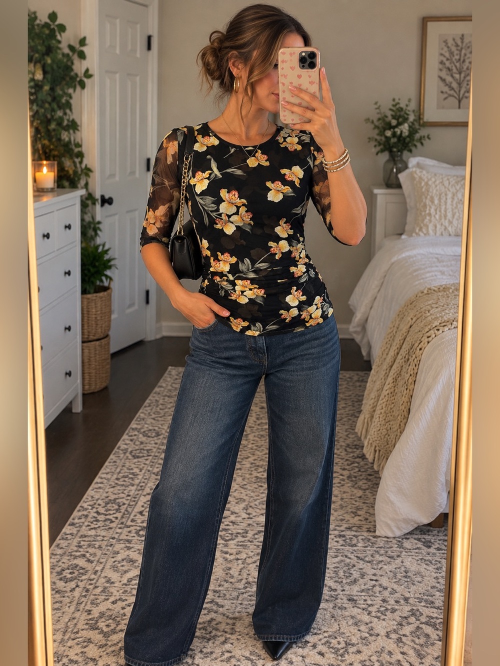 White House Black Market XS Orchid Floral Mesh Ruched Top Black